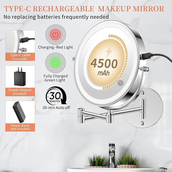 30X/1X Wall Mounted Lighted Makeup Mirror, 10'' Double Sided 4500mAh Rechargeable Magnifying Bathroom Mirror with Light, 3 Color Modes Touch Dimmable Extended Arm 360 Rotation with Adapter,Chrome