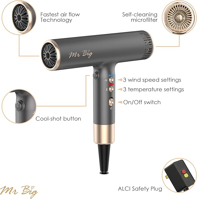 Mr Big Hair Dryer Italian Style Professional Ionic Anti Frizz with Intelligent Temperature Sensor, Lightweight at 12oz, Self-Cleaning Brushless Motor, T-Shaped, Insanely Powerful Air Flow 120,000 RPMs