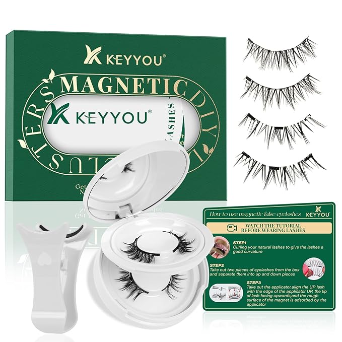 KEYYOU Reusable Magnetic Eyelashes No Glue Needed with Applicator Tool 3D Natural Magnetic Lashes, Easy to Apply & Long Lasting for Daily Use & Events(YC02+YC04)