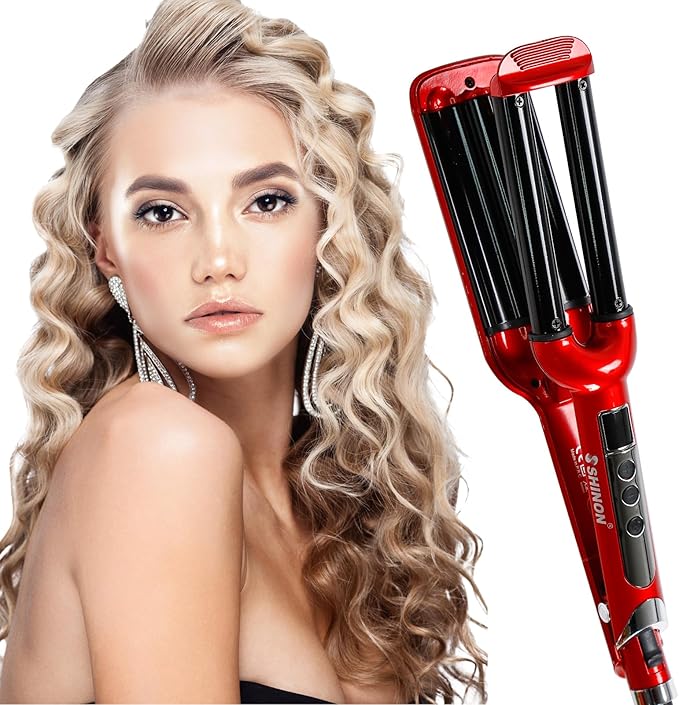 Mannice Ceramic Hair Iron, 3 Barrel Curling Iron 0.6 inch / 16mm Perm Instant Curls, Hair Crimper and Wavers, Red (8 inches), Ideal Gift for Valentine's Day or Mother's Day