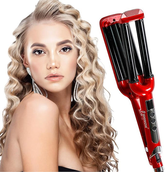 Mannice Ceramic Hair Iron, 3 Barrel Curling Iron 0.6 inch / 16mm Perm Instant Curls, Hair Crimper and Wavers, Red (8 inches), Ideal Gift for Valentine's Day or Mother's Day