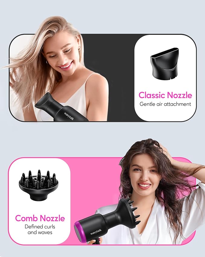 Wavytalk Hair Dryer with Diffuser, Blown Away Ionic Hair Dryer with 4 Attachments for All Hair Types, 1875W Blow Dryer with Ceramic Technology, Gift Packaging, Light and Quiet, Black