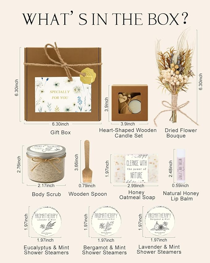 Spa Gifts for Women - Valentines Day Gifts for Her, Natural Themed Self Care Kit, Birthday Anniversary Care Package Ideas for Wife Girlfriend Mom from Daughter Husband Friend, 8PCS Items