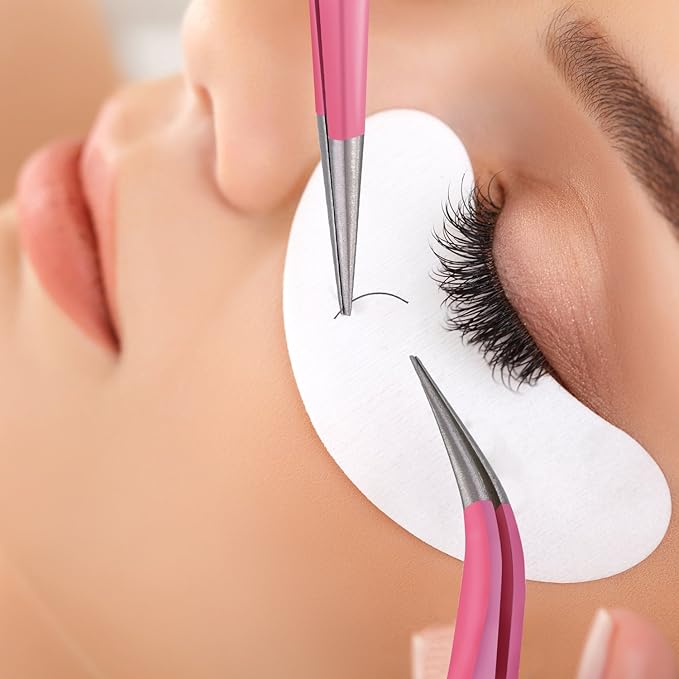 Hotop 2 Pieces Straight and Curved Tip Tweezers Eyelash Extension Tweezers, Stainless Steel False Lash Application Tools (Pink)
