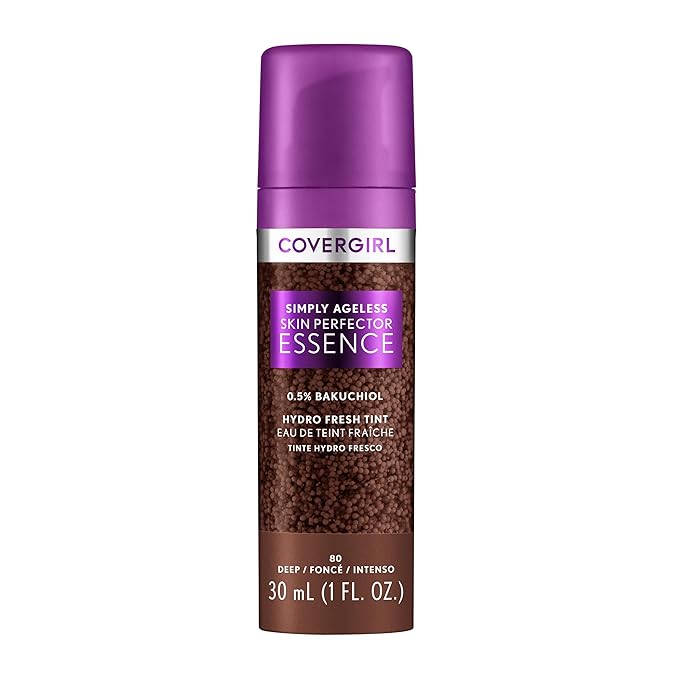 Covergirl Simply Ageless Skin Perfector Essence Foundation, 80 Deep, Tinted Skincare Makeup Hybrid, Sheer Tint, Radiant Finish, Glowy Finish, Vegan Formula, 1.0oz