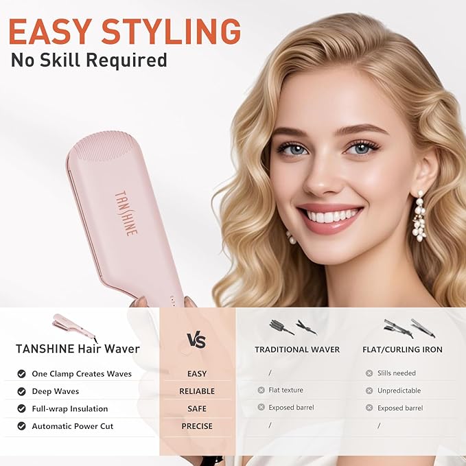 TANSHINE Curling Iron Hair Waver,1.25 Inch Dual Barrel Barrel Ceramic Hair Crimper for Beach Waves,Ionic Deep Waver Curler with Dual Voltage, Anti-Scald Protection Curling Wand, Adjustable Temp,Pink