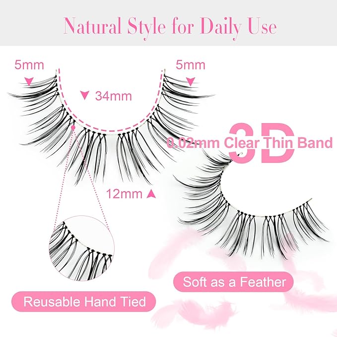 False Eyelashes Natural Look False Lashes Short 12mm 0.1mm Ultra Thin Handmade Tied Clear Band Fake Eyelash Strip Wispy Soft Lightweight Pestañas Postizas(M18）