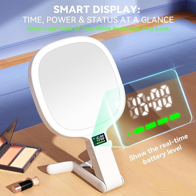 Auxmir Travel Makeup Mirror with Lights, Double Sided 30X/1X Lighted Magnifying Mirror, LED Display & 3 Color & Dimmable Brightness, Rechargeable Portable Vanity Mirror, Tabletop/Handheld/Hanging