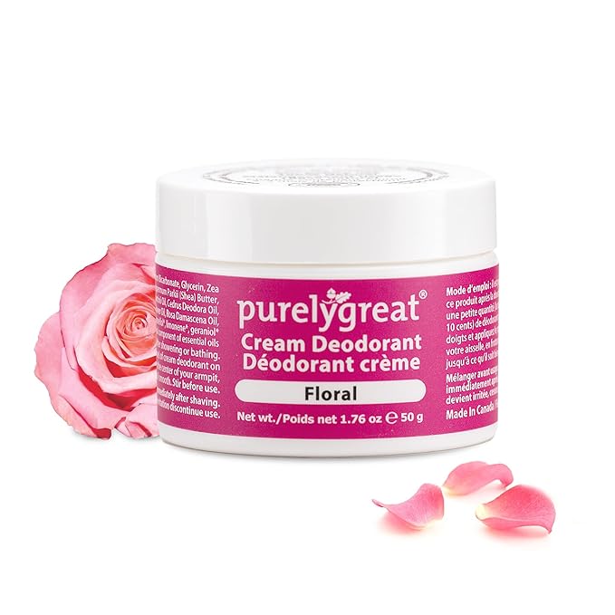 Purelygreat - Floral Scent Cream Deodorant, Chemical-Free Hygiene Essentials for Women, Natural Deodorant for Men with Soda & Corn Starch, No Sticky Residue, Parabens & BPA, 1.76 oz / 50 g
