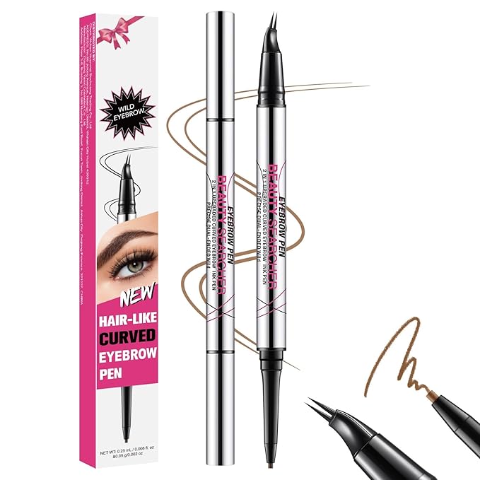 Curved Eyebrow Pen, Eyebrow Pencil Dual-Ended with 2-Fork Tip for Women, Effortlessly Creates Natural Hair-Like Brows, Lasts All-Day Waterproof & Smudge-Proof Formula (#2 BROWN)