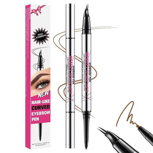 Curved Eyebrow Pen, Eyebrow Pencil Dual-Ended with 2-Fork Tip for Women, Effortlessly Creates Natural Hair-Like Brows, Lasts All-Day Waterproof & Smudge-Proof Formula (#2 BROWN)
