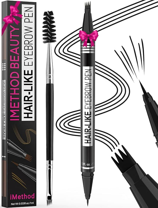iMethod Eyebrow Pen - Eyebrow Pencil Magical 2-in-1 Eye Brow Pencils for Women with 4-Fork-Tip & Precise Brush-Tip for Natural Hair-Like Brows, Last All-Day, with Eyebrow Spoolie Brush, Black