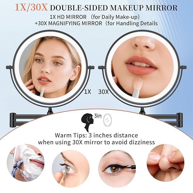 FUNTOUCH 10" 1X/30X Wall Mounted Lighted Makeup Mirror, 4500mAh Rechargeable Double Sided Magnifying Mirror with Adapter, 3 Color Lights,Touch Dimmable, 360 Rotation Extended Arm for Bathroom,Black