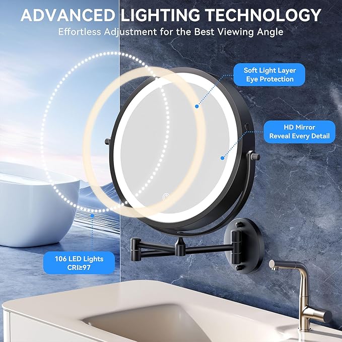 9'' 30X/1X Wall Mounted Lighted Makeup Mirror, 5000mAh Rechargeable Double-Sided Magnifying Mirror with Light, Vanity Mirror Touch Dimmable 3 Colors 360° Rotation Extended Foldable Arm, Power Adapter
