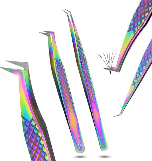 2pcs Fiber Tip Lash Tweezer Set – Fine Axe Tip Volume Boot Tweezer & Isolation Tweezer, Precision Eyelash Extension Tools, Stainless Steel, Non-Slip Grip for Classic, Mega Volume Lashing (Multi)