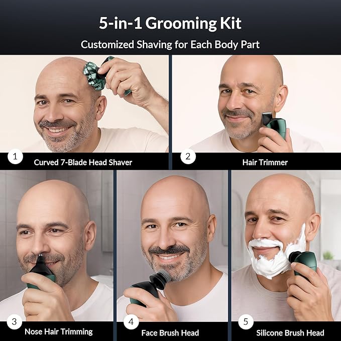 Head Shavers for Bald Men - 7D Arc Electric Razor with Magnetic Detachable Head, Waterproof Wet Dry 5-in-1 Electric Shaving & Grooming Kit, LED Display Rechargeable Head & Body Hair Shaver
