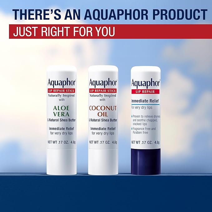 Aquaphor Naturally Inspired Lip Repair Stick with Coconut Oil and Natural Shea Butter, Hydrating Lip Balm Immediately Relieves Dryness and Soothes Chapped Lips, 0.17 Oz Stick, Pack of 3