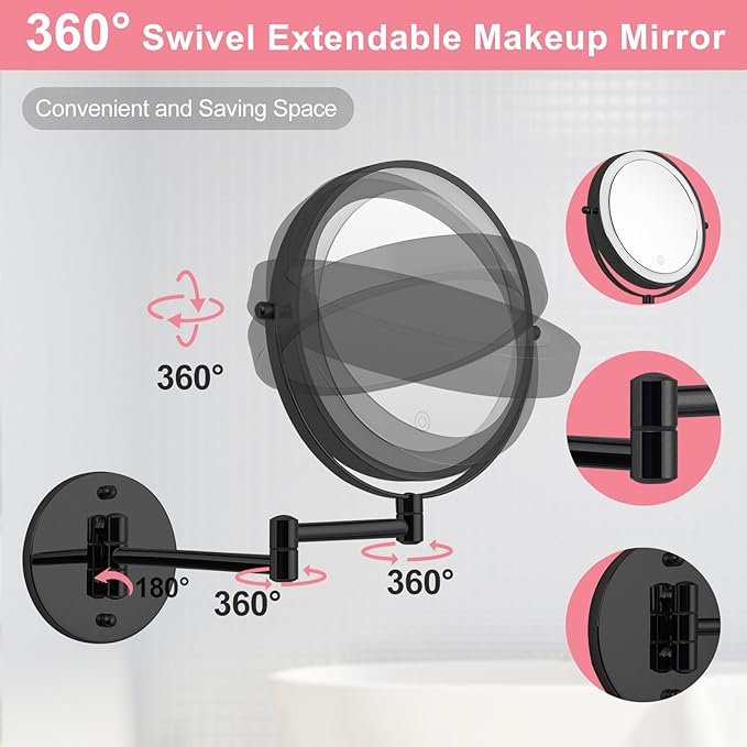 Rechargeable 8” Wall Mounted Makeup Mirror with Lights, 1X/10X Double-Sided, 2000mAh Battery, 3-Color Touch Control LED, Foldable Extendable Arm, Lighted Bathroom Vanity Mirror – Black