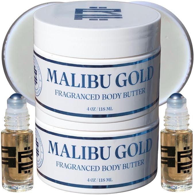 Cologne Body Butter for Men & Malibu Gold Sensual Scent Roller - Infused Shea Butter & Avocado Butter w/ Sunlit Citrus, Vanilla Caramel & Amberwood All-Day Fragrance, Moisturizing Vitamin E 4oz (2)