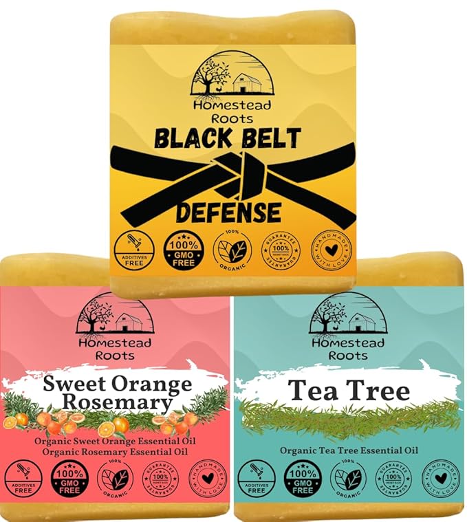 Sample Pack- Sweet Orange/Rosemary - Black Belt Defense - Tea Tree - Grass-Fed Beef Tallow and Organic Oils - Scented with Organic Essential Oils - Artisanal Bar Soap - 3 Pack - Each Bar Unique-