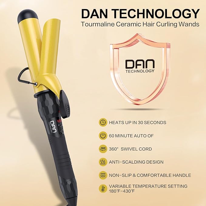 DAN Technology 1½ Inch Large Barrel Curling Iron Wand for Loose Waves, Tourmaline Ceramic Hair Curler with LCD Display (180°F–430°F), Fast Heating, Dual Voltage, Auto Shut-Off, Black & Gold