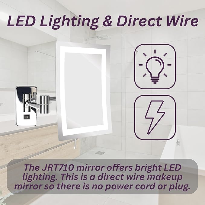 JERDON Rectangular Wall Mount Makeup Mirror - Direct Wire Makeup Mirror with 5X Magnification and LED Lights - Chrome Finish - Model JRT710CLD