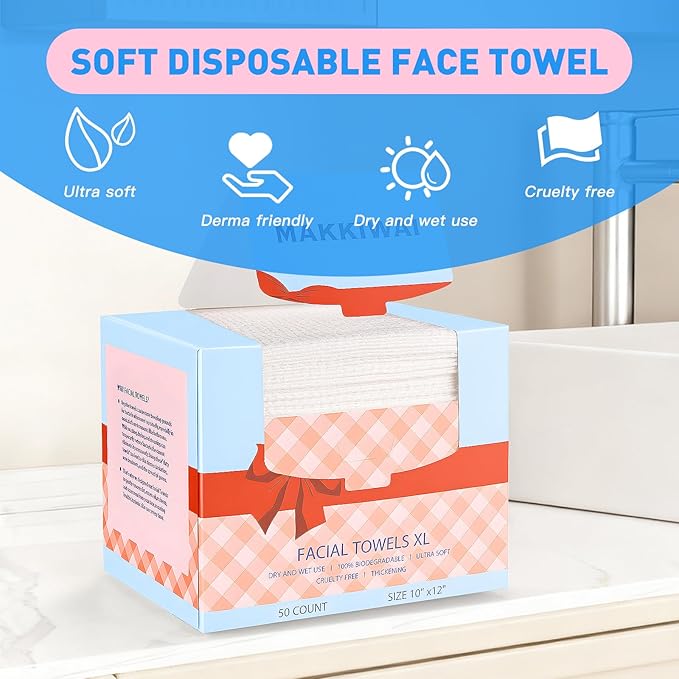 Face Towels Skin Club,1 Pack 50 Ct makeup remover wipes, 10"×12" Disposable eyelid wipes XL, Ultra Soft Makeup Remover Dry Wipes, Facial Towel