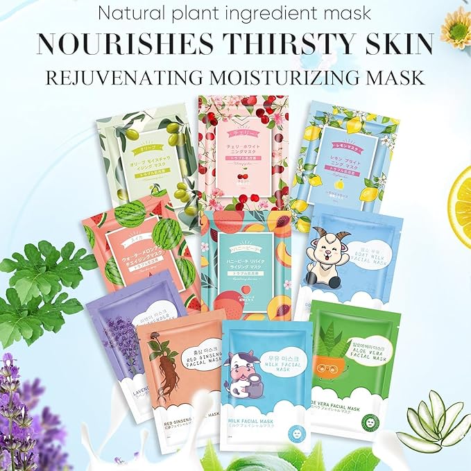 30 Sheets Face Masks Skincare for All Skin Types, Hydrating Facial Masks with Natural Ingredients, Moisturing Face Masks for Sensitive Skin, Oil Contral Facial Mask for Women