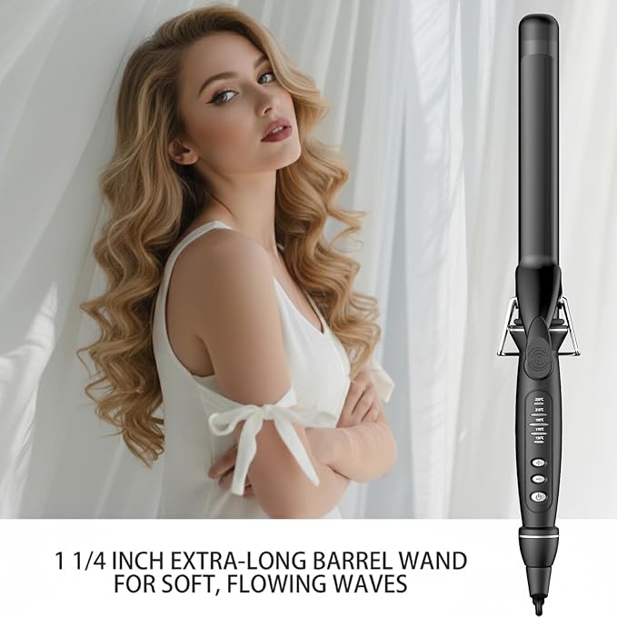 1 1/4 Inch Curling Iron, Tourmaline Ceramic Extra Long Barrel Curling Iron 1.25 Inch with Auto Shut-Off, Dual Voltage 110-240V Hair Curler Suitable for Travel, Including Glove