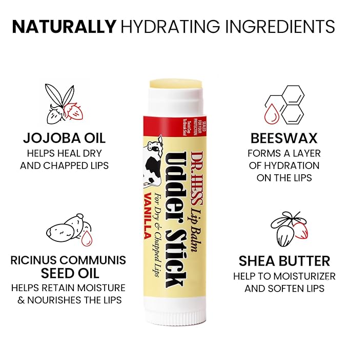 Original Udder Stick SPF Lip Balm, Soothing Moisturizer Sun Screen Balm for Dry Lips with Jojoba, Beeswax & Shea Butter, Total Lip Care, Hydration & Repair, Vanilla Flavor, 4 Pack