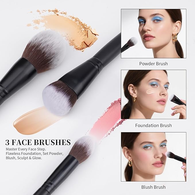 Premium Synthetic Makeup Brushes 6Pcs Makeup Brush Set for Powder Foundation Contour Blush Hightlight Eyeshadow Blending & Concealer, Cruelty-Free