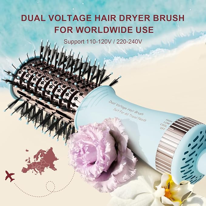 Travel Dual Voltage Hair Dryer Brush 4-in-1 Portable Mini Hot Air Blow Dryer Straightener & Curler Brush, Titanium Round Blowout Styler Volumizer Tools, 110/240V US/EU/UK -Baby Blue & Rose Gold