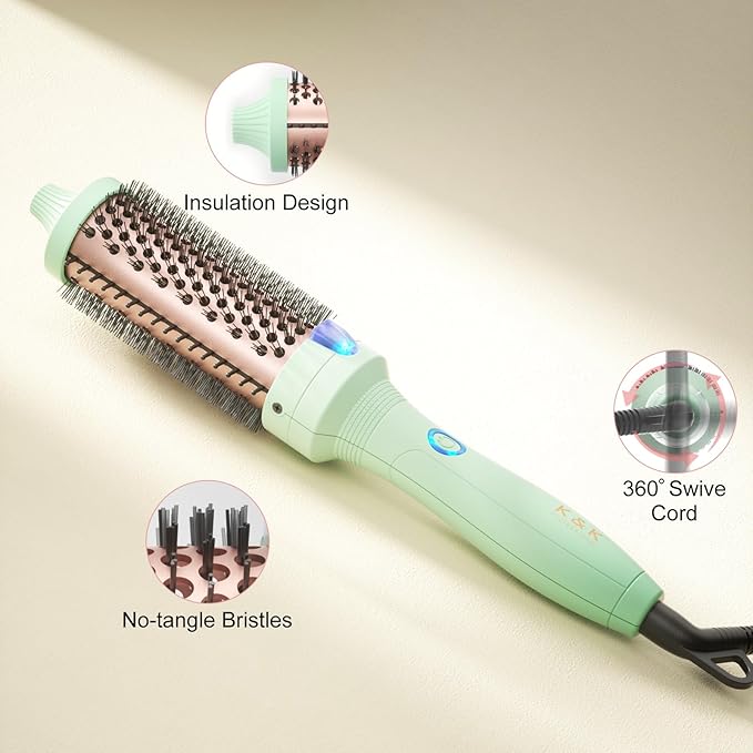K&K Pro Thermal Brush, 1 1/2 Inch Ionic Heated Round Brush for Blowout Look, Tourmaline Ceramic Hot Bristle Get Natural Curls, Creates Salon-Quality Blowouts, Dual Voltage for Travel