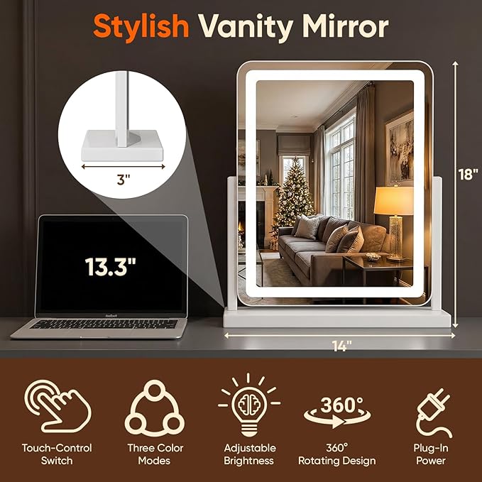 Antok Vanity Mirror with Lights, 22"X19" Lighted Makeup Mirror, Smart Touch, 3 Color Modes and Brightness Adjustable, LED Vanity Mirror with Detachable 10X Magnification, 360° Rotation for Makeup Desk