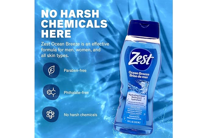 Zest Ocean Breeze Body Wash - Enriched with Sea Minerals - Rich Lathering Cleansing Body Wash Leaves Your Skin Feeling Smooth and Moisturized With an Invigorating Scent, 18 Fl Oz (Pack of 6)