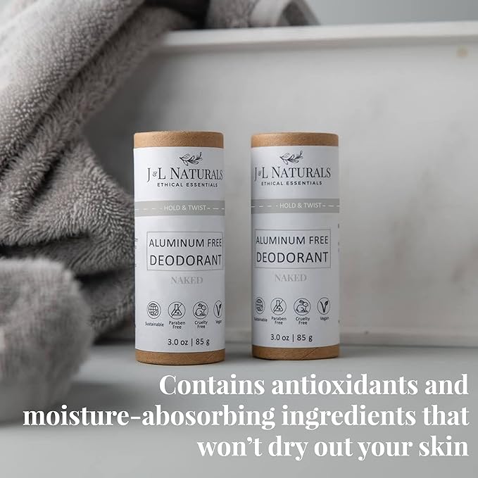 J&L Naturals Aluminum Free Deodorant for Men & Women | 100% Natural Ingredients With Coconut Oil, Shea Butter, & Essential Oils | Sustainable, Eco-Friendly (Naked (Unscented), 3.0 Oz (Pack of 2))
