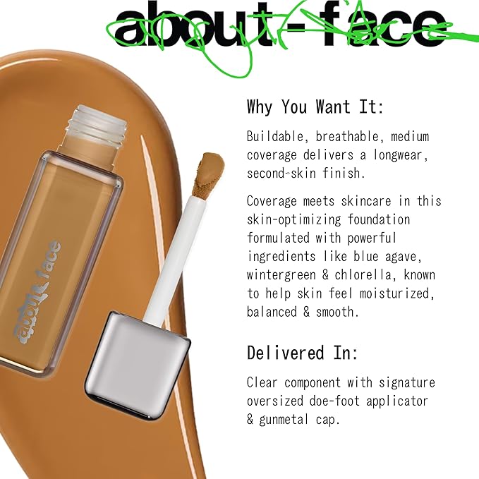 about-face THE PERFORMER Skin-Focused Foundation MD2Olive – Medium Coverage, Long-Wear, Breathable & Buildable Base – Clean, Vegan, Hydrating Formula with Blue Agave & Chlorella – 1.08oz