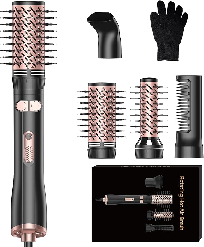 Rotating Hair Dryer Brush, 4 in 1 Round Hot Air Spin Brush Set, Volumizer Blow Dryer Brush with 2 Brushes (2" & 1.5"), Straightener and Concentrator (Rose-Gold)