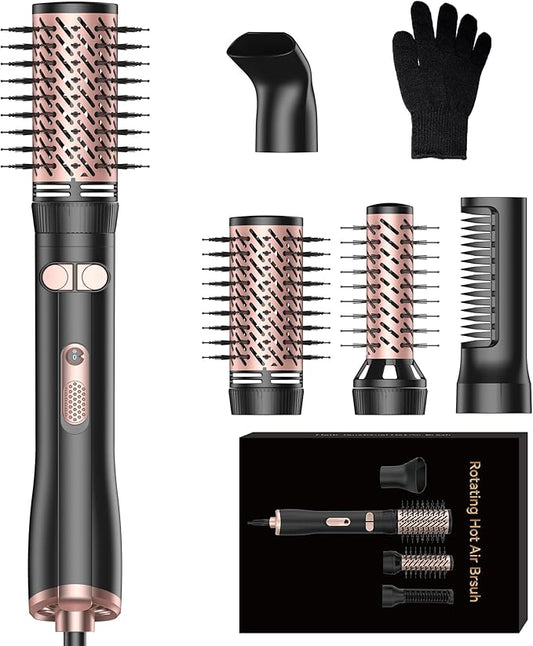 Rotating Hair Dryer Brush, 4 in 1 Round Hot Air Spin Brush Set, Volumizer Blow Dryer Brush with 2 Brushes (2" & 1.5"), Straightener and Concentrator (Rose-Gold)