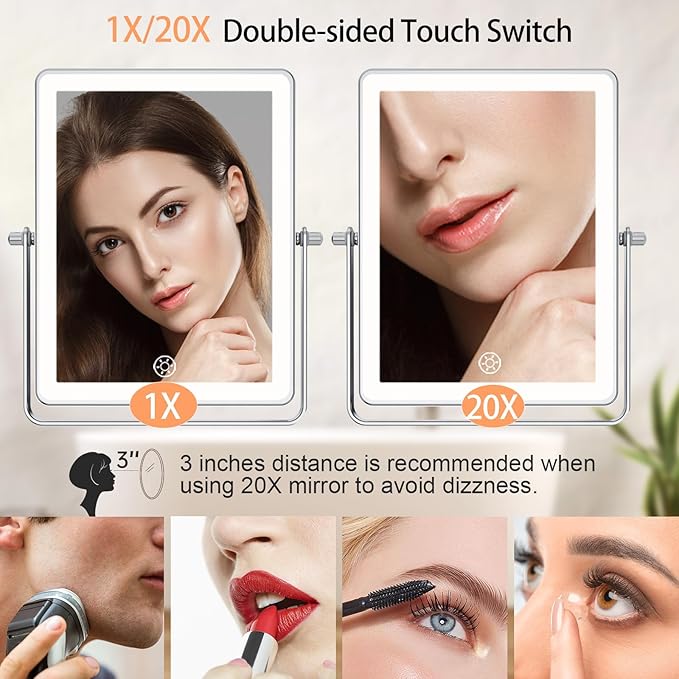 FASCINATE 5000mAh Rechargeable Wall Mounted Makeup Mirror, 8.7" Double Sided Touch Switch 1X 20X Rectangle Wall Mounted Magnifying Mirror with Light, 3 Color Setting, Extended Arm 360° Foldable Chrome