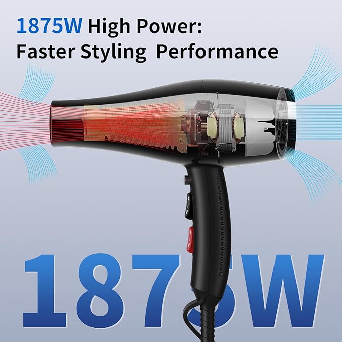 Salon Hair Dryer, Professional Blow Dryer AC Motor Fast Drying with 2 Speed, 3 Heat Setting, Cool Button, with Diffuser, Nozzle, Concentrator Comb for Curly & Straight Hair