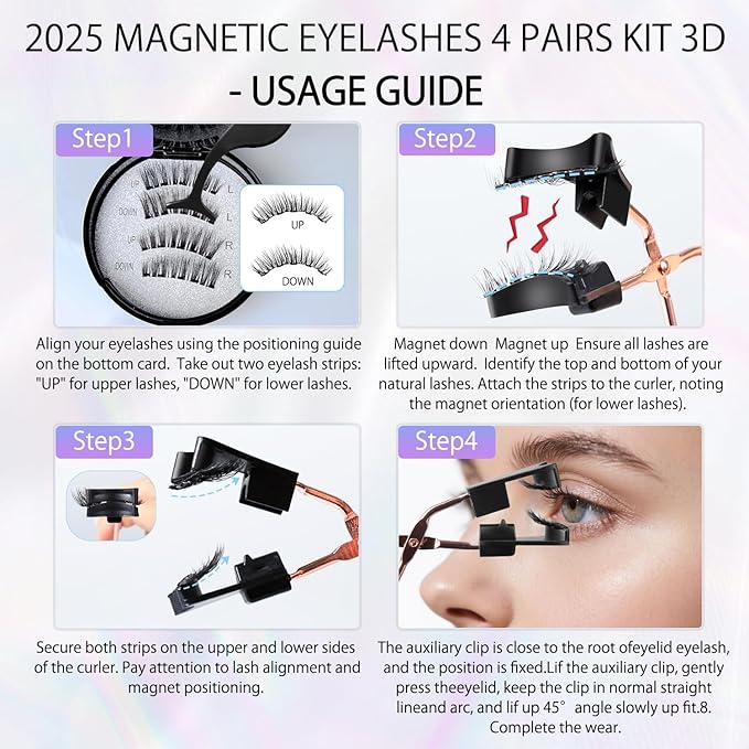 2025 Magnetic Eyelashes 4 Pairs Kit 3D Natural Reusable Lashes with Applicator, No Glue Eyeliner Needed, Waterproof & Hypoallergenic False Eyelashes for Daily/Party/Wedding (1)