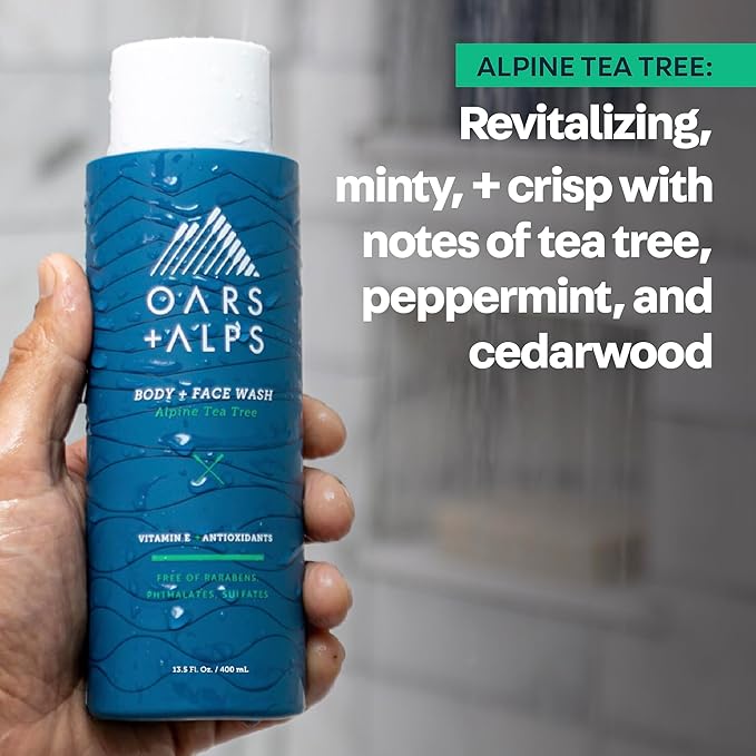 Oars + Alps Body and Face Wash for Men, Mens Body Wash & Face Cleanser with Vitamin E and Antioxidants, Moisturizing, Hydrating, Paraben & Sulfate Free Cleanser, Alpine Tea Tree, 2pk