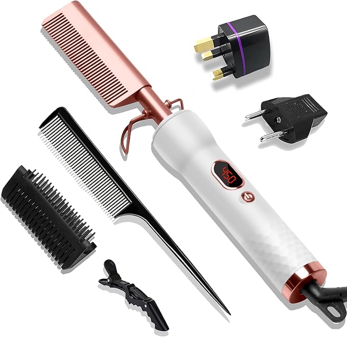 Hot Comb,Travel Curling Iron Double Voltage 110-240V with European Plug Adapter,12 Temp Settings Straightening Comb for Black Hair,Pressing Combs for Straight/Curling