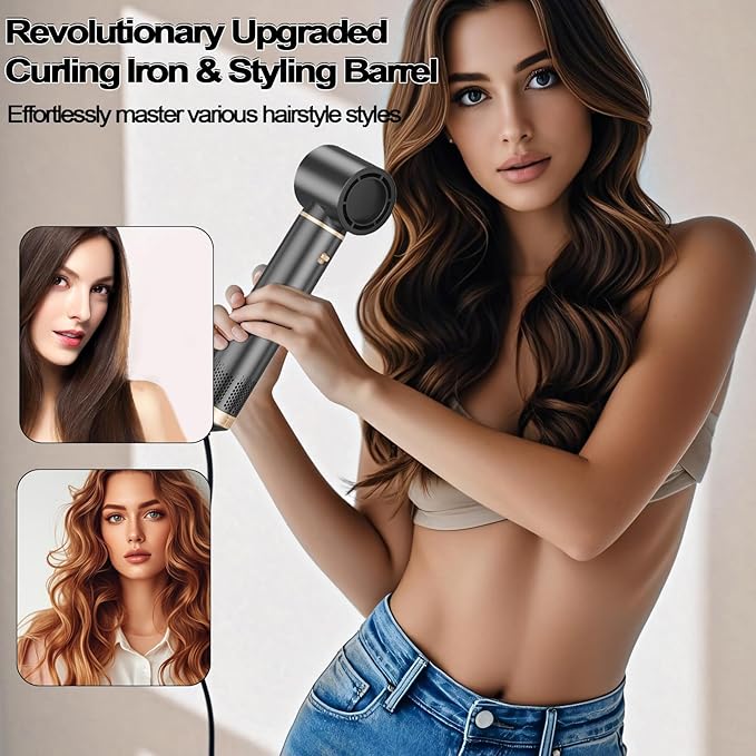 5 in 1 Hair Dryer Brush Hot Air Curling Brush Negative Ion Air Styler，Multi Function Blow Dryer Brush with Curling Wand, Straightening Brush, and Volumizing Hot Air Brush （Ash Gold）