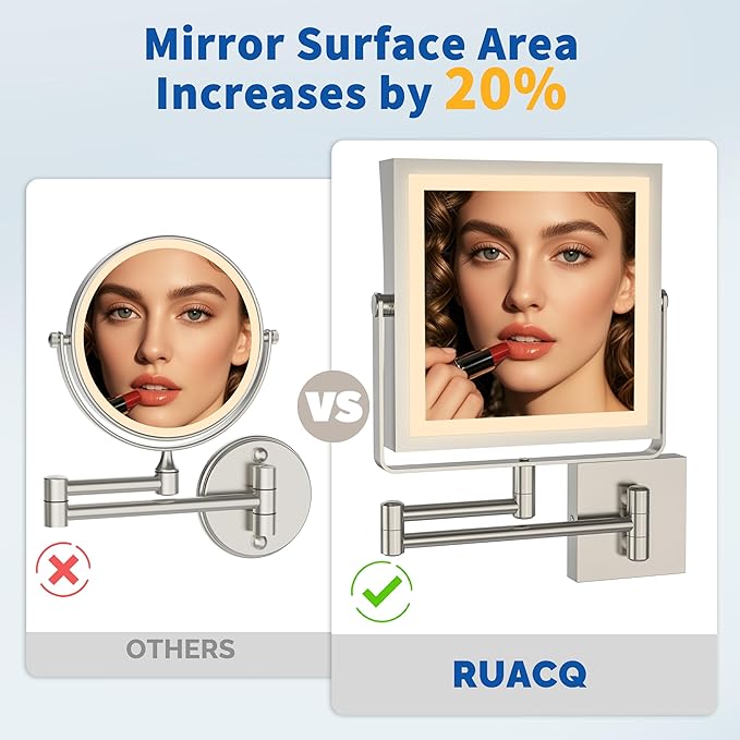 Ruacq Rechargeable Wall Mounted Makeup Mirror with Lights, Double Sided 1X/7X Magnifying Vanity Mirror with 3 Color Lights, Touch Screen Dimmable, 360° Rotation Extension Foldable (Brushed Nickel)