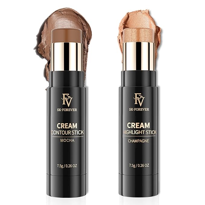 FV 2PCS Contour and Highlighter Stick, Highly Pigmented & Blendable, Long Lasting & Creamy Texture, Waterproof, Natural Finish Contour Set for Face Sculpting, Travel-Friendly (02 Mocha & 03 Champagne)