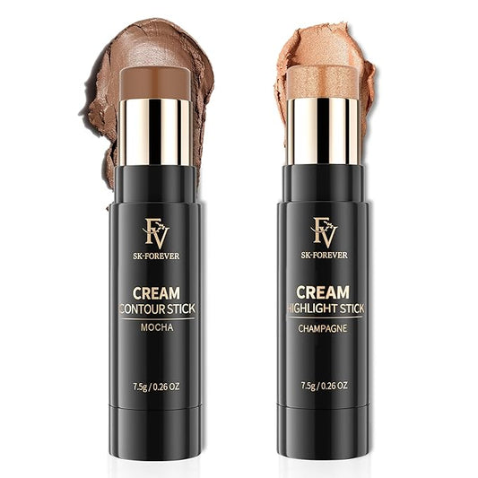 FV 2PCS Contour and Highlighter Stick, Highly Pigmented & Blendable, Long Lasting & Creamy Texture, Waterproof, Natural Finish Contour Set for Face Sculpting, Travel-Friendly (02 Mocha & 03 Champagne)