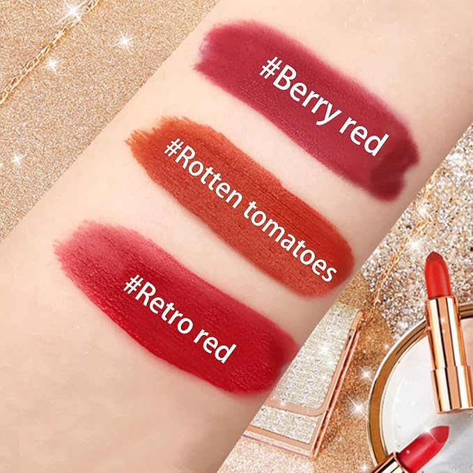 Matte Lipstick Makeup Set for Women - 3pcs Long Lasting Velvet in Glamour Chain Bag, Non-Stick Cup Red, Not Fade Waterproof, Lip Kit Gift Set