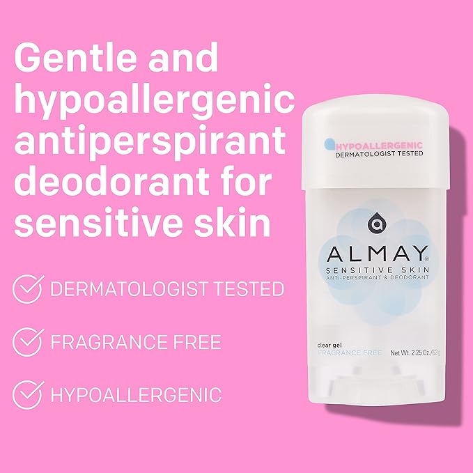 Almay Deodorant for Women, Gel Antiperspirant, Hypoallergenic, Dermatologist Tested for Sensitive Skin, Fragrance Free, 2.25 Oz (Pack of 2)